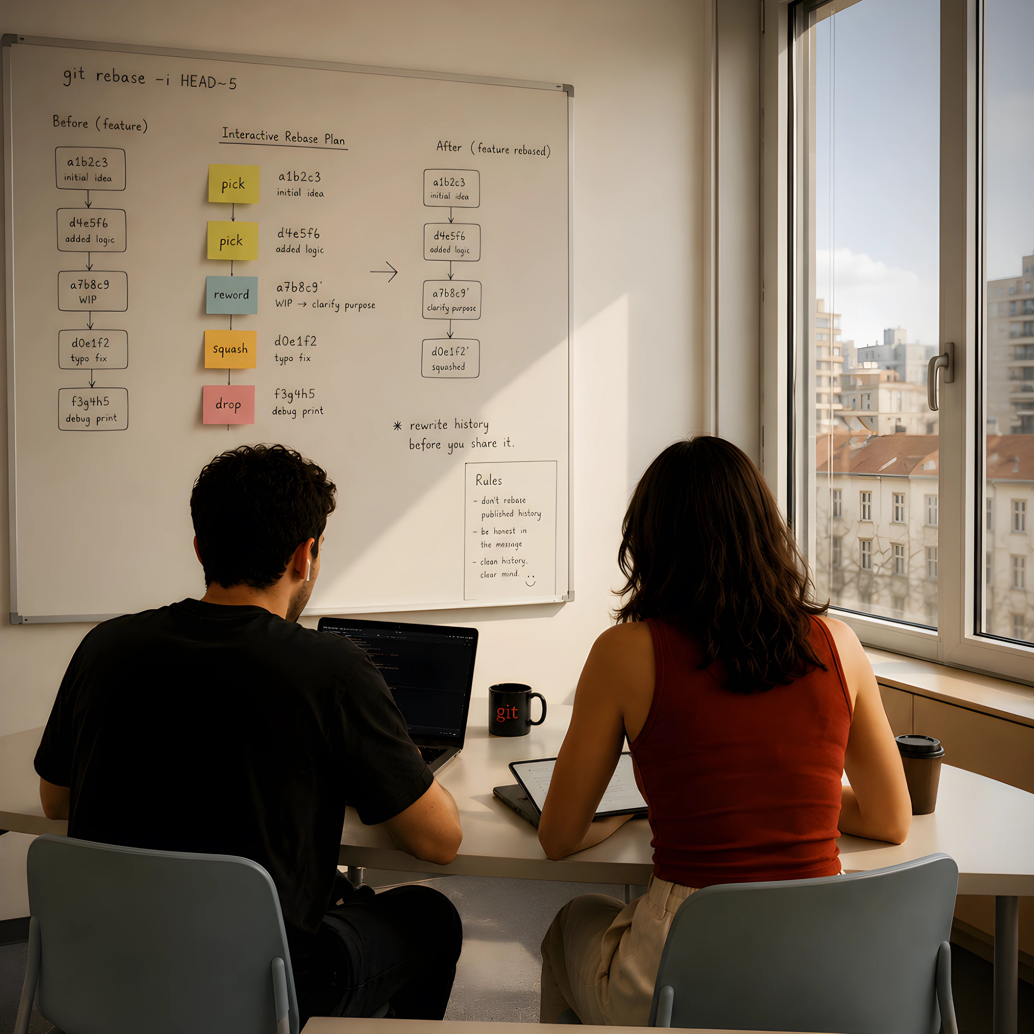 Two software engineers examining and reorganizing a private commit history with interactive rebase