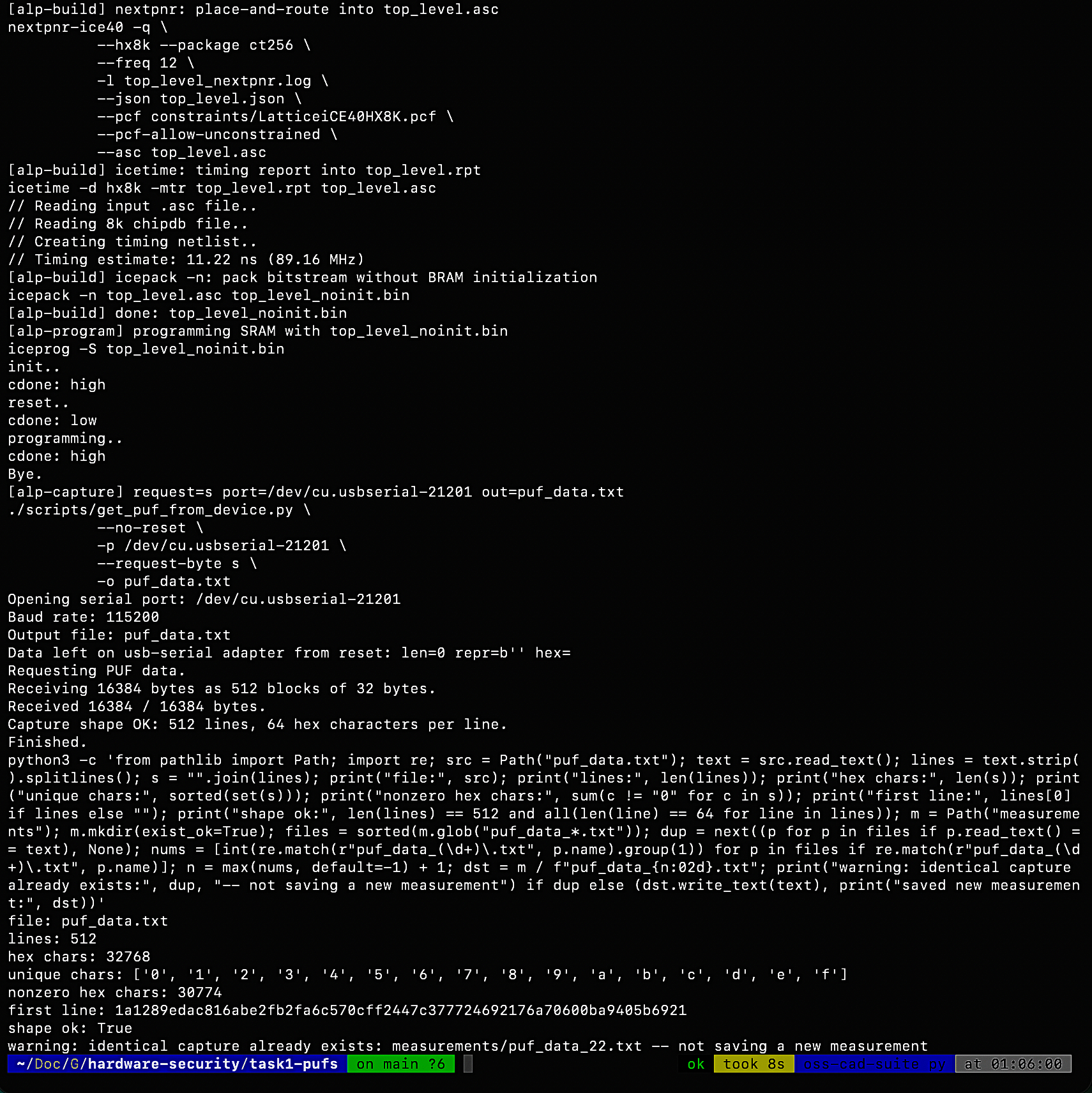 FPGA build output for the PUF task