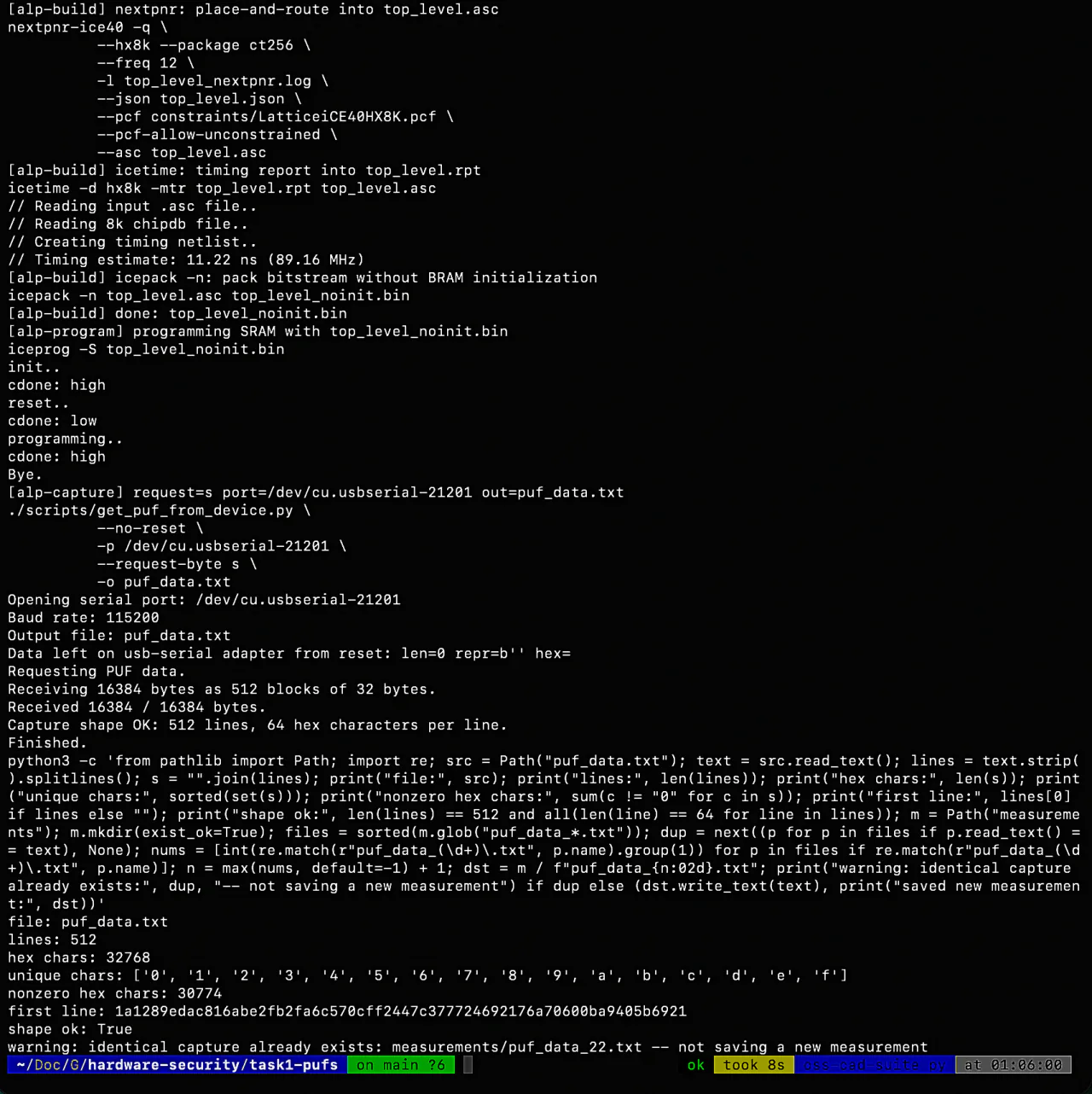 FPGA build output for the PUF task
